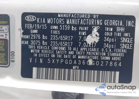 2016 Kia Sorento 2.4L Lx z USA, uszkodzony, nr VIN 5XYPGDA36GG027864